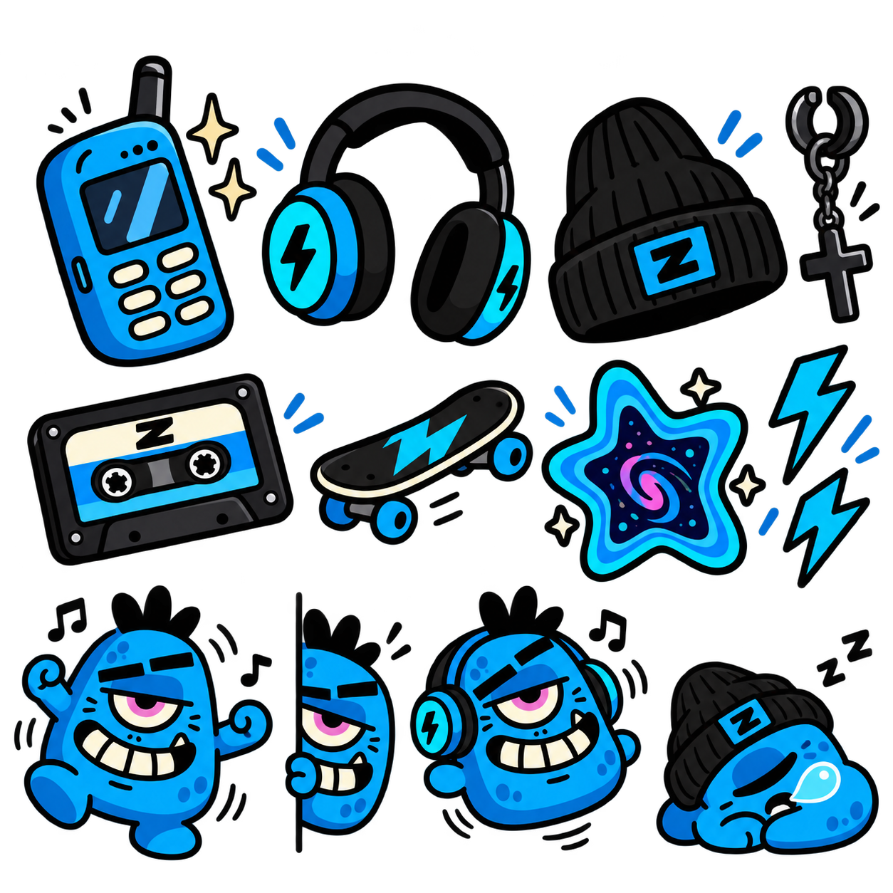 Zork's collection of cartoon phones, headphones, hats, and tiny Zorks
